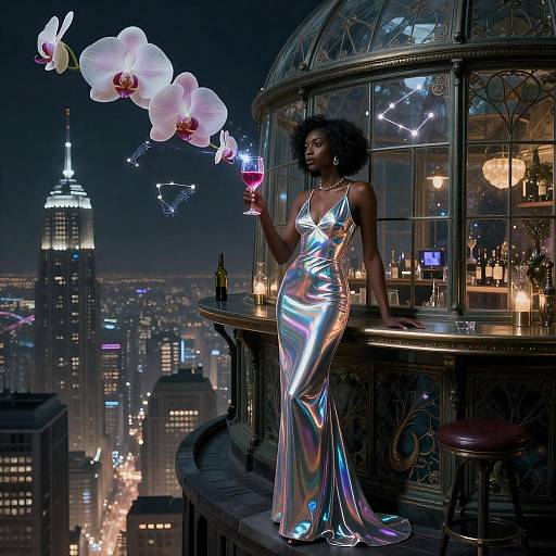 Noir Oracle in Iridescent Gown on Rooftop Bar
