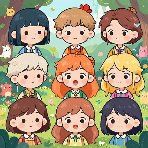 Exaggerated Anime Characters in Fantasy Forest