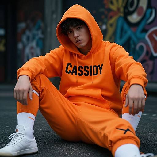 Photograph of a young man with pale skin, black curly hair, wearing an orange 
