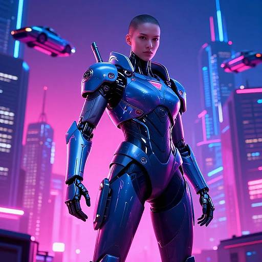 CGI image of a futuristic, blue-armored, bald woman with a robotic physique in a neon-lit, cyberpunk cityscape with hovering drones