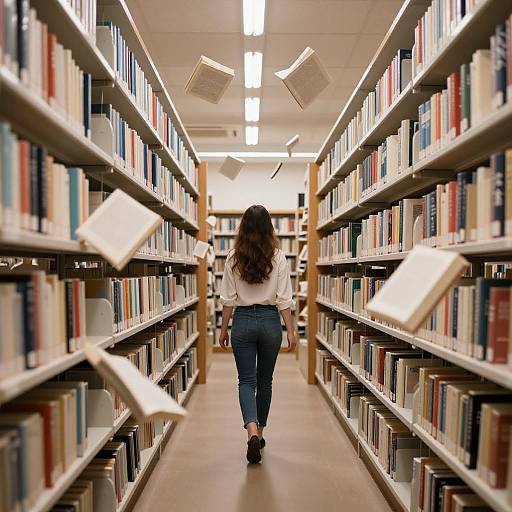 Photograph of a woman with long brown hair in a white blouse and blue jeans, walking down a brightly lit library aisle with floating books.