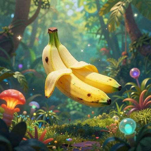 Digital artwork of a glowing, floating banana with yellow and green hues in a vibrant, magical forest filled with colorful mushrooms and sparkling lights.