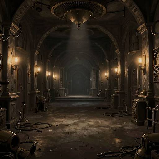 Dark, gothic, industrial hallway with arches, lit wall sconces, cables on the floor, and a dimly lit, mysterious central