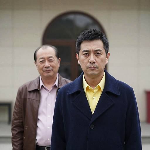 Photograph of two Asian men standing outdoors; foreground man in black coat and yellow shirt, background man in brown jacket and white shirt, blurred arched