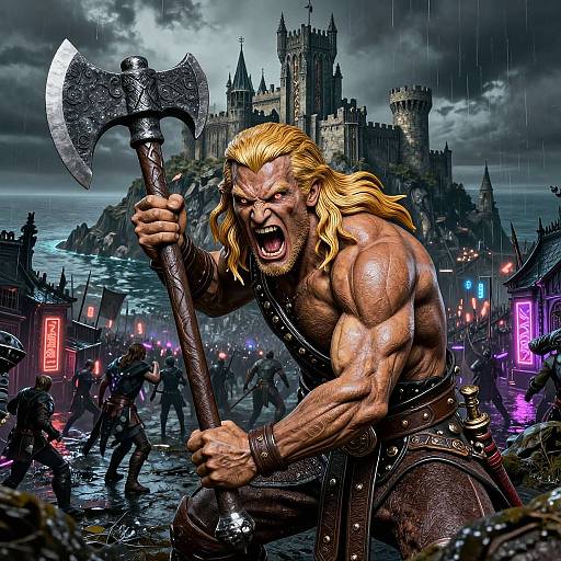 Muscular, blonde Viking warrior with fierce expression and large axe in rainstorm, front and center, with medieval castle and neon-lit town in storm
