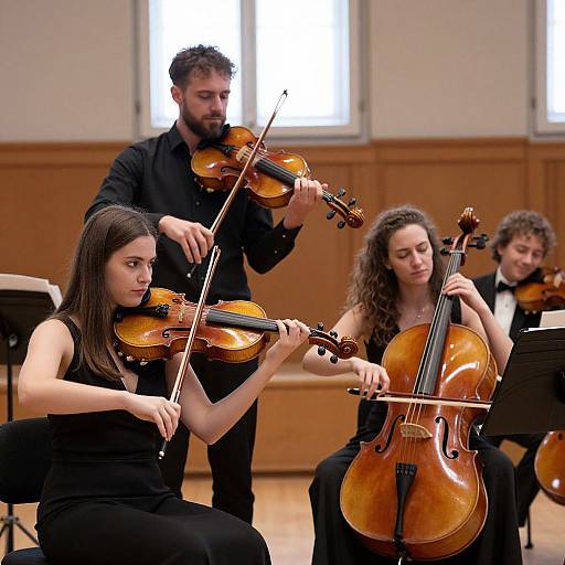 Photograph of four musicians playing violins in a wood-paneled room; three women and one man, all in black clothing, focused on their instruments