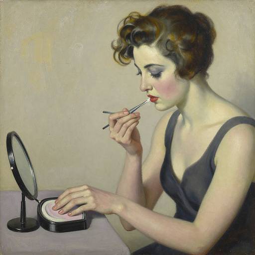 Vintage-style painting of a fair-skinned woman with curled brown hair, applying red lipstick in front of a round mirror. She wears a black sleeveless