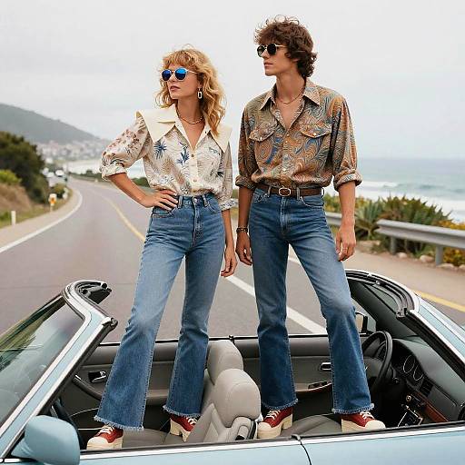 70s Style Couple Cruising Coastal Highway
