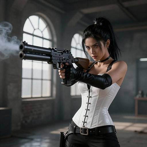 Fierce Femme Fatale with Dual-Barrel Gun