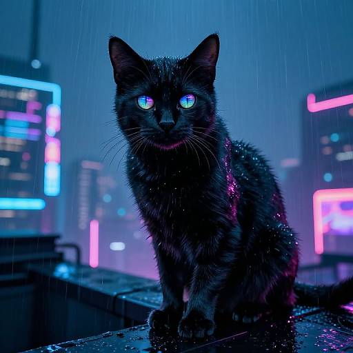 Neon-lit cybercity cat with glowing blue eyes, wet fur, and reflective raindrops, sitting on a wet ledge at night. Digital artwork