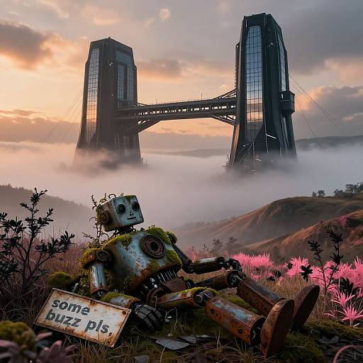 Photograph of a rusted, moss-covered robot with 