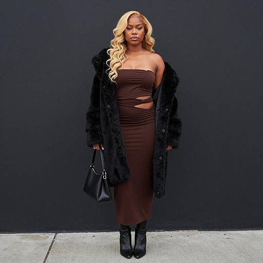 Woman in Brown Strapless Dress and Black Fur Coat