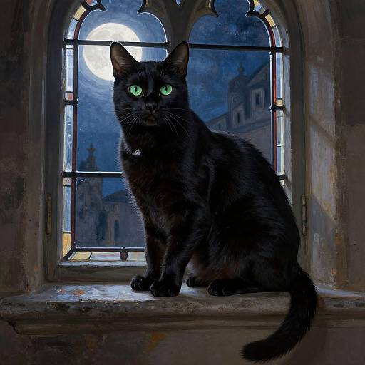 Digital painting of a black cat with glowing green eyes, sitting on a stone window ledge, moonlit night, Gothic-style window, cityscape background.
