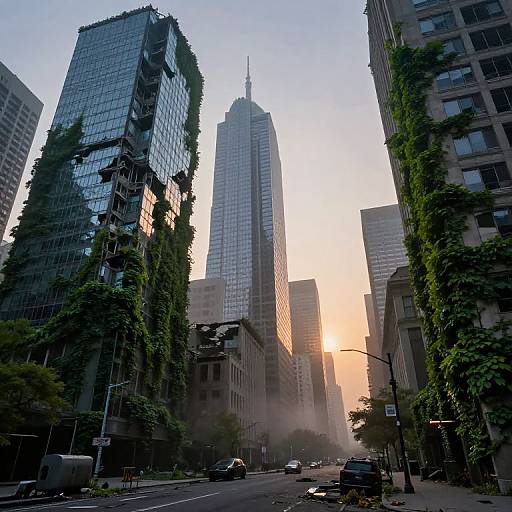 Photograph of a city street at sunset, featuring tall, reflective skyscrapers with ivy-covered facades, mist on the ground, and cars