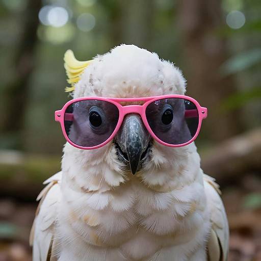Photograph of a white cockatoo with black beak, wearing bright pink sunglasses, against a blurred forest background, with a small yellow feather on