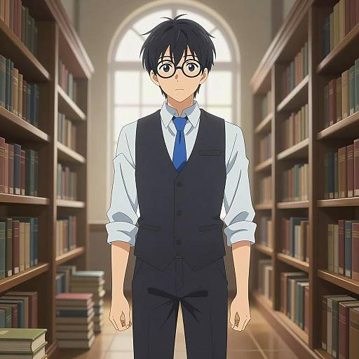 Anime Scholar in Enchanted Library Scene
