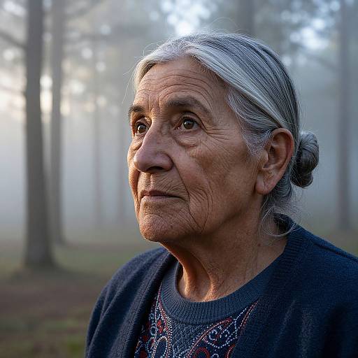 Photograph of an elderly woman with gray hair in a bun, wearing a dark blue sweater with red and white pattern, standing in a foggy forest