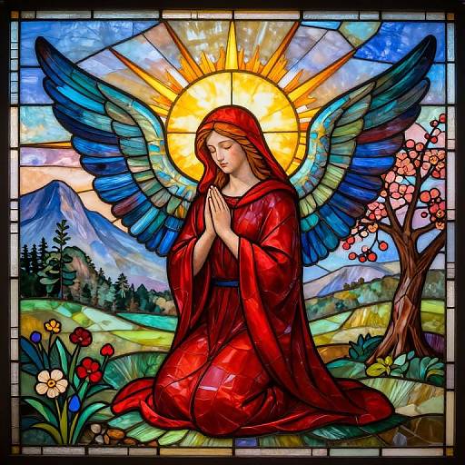 Stained glass painting of a serene angelic woman with blue wings, red robe, praying, set against a sunlit mountain landscape.
