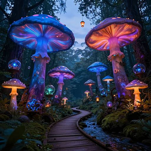 Photograph of a magical forest at dusk, featuring glowing, colorful mushrooms with bioluminescent caps, floating orbs, and a winding wooden path.