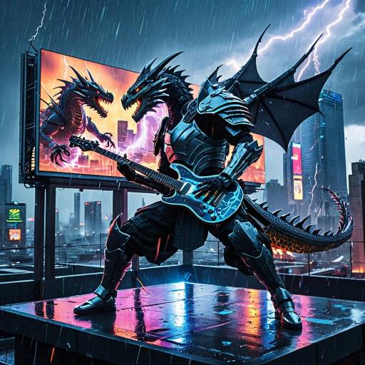 Cyborg Dragon Samurai Playing Electric Guitar on Futuristic Rooftop