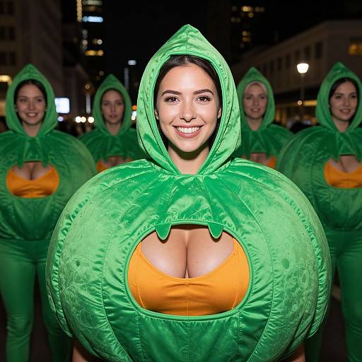 Photograph of a smiling woman with large, exaggerated breasts in a green, hooded, cleavage-revealing costume with yellow undergarment,