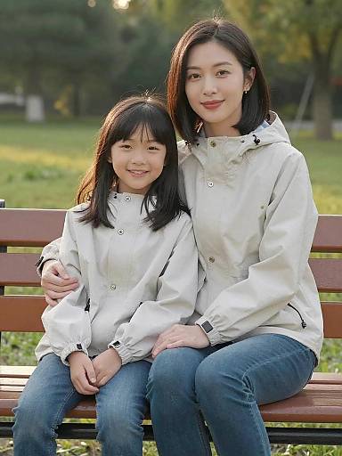 Mother and Daughter Sitting on Park Bench