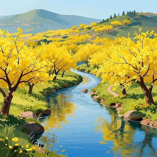 Vibrant Stream Through Radiant Orchards
