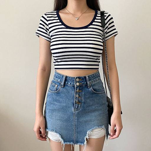 Photograph of a woman with long brown hair wearing a black-and-white striped crop top, denim skirt with frayed edges, and a necklace, standing