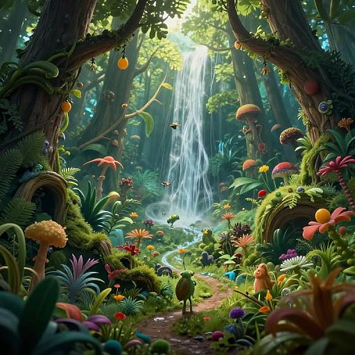 Vibrant digital fantasy forest scene with a cascading waterfall, colorful mushrooms, exotic plants, and lush greenery, bathed in sunlight.