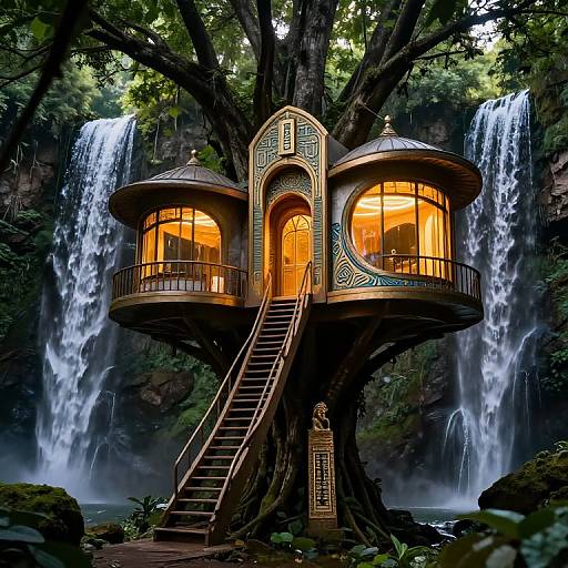 Dreamy, intricately designed treehouse with golden lights, nestled in a lush forest, surrounded by twin waterfalls, accessed by a wooden staircase.