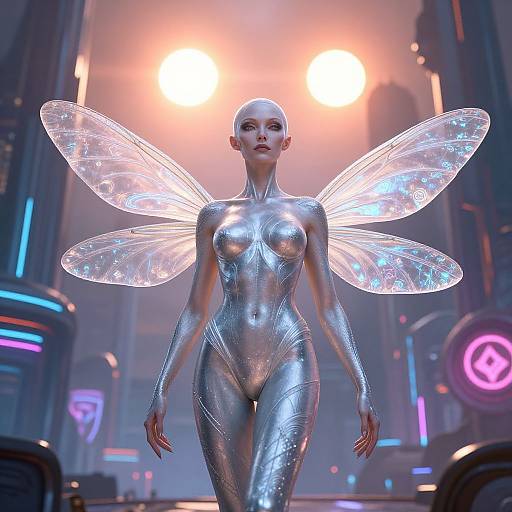 CGI image of a bald, silver-skinned woman with transparent, glowing fairy wings, standing confidently in a futuristic neon-lit city.