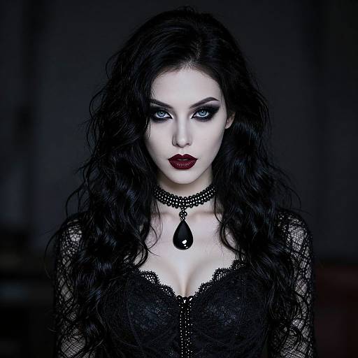 Gothic photograph of a pale-skinned woman with long, wavy black hair, dark red lipstick, black lace dress, and choker with
