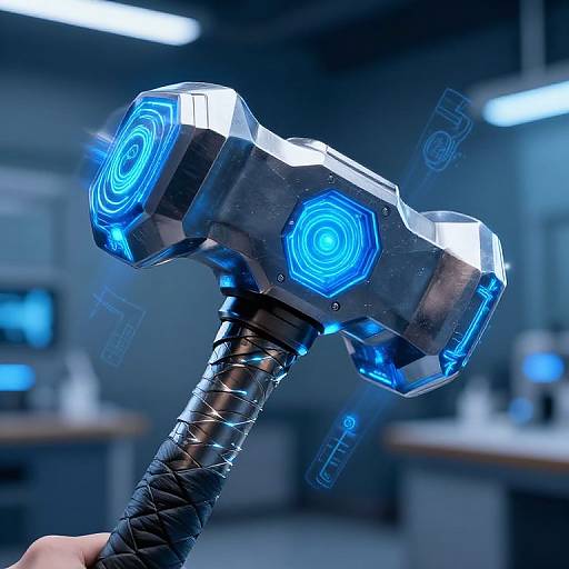 Photograph of a futuristic, glowing blue and silver hammer with hexagonal light patterns, held by a hand in a modern, dimly lit office.