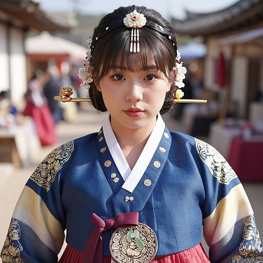 Photograph of a young Asian woman in traditional Korean hanbok, blue and gold patterned with floral embroidery, black hair adorned with white flowers and