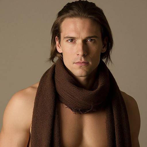 Photograph of a shirtless, handsome man with medium-length brown hair, intense gaze, and fair skin, wearing a thick brown scarf against a neutral