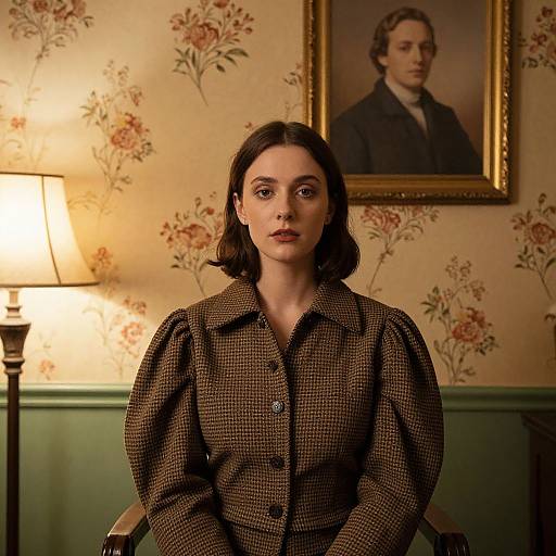 Photograph of a serious young woman with dark brown hair in a 1930s checkered blouse, seated in a vintage room with floral wallpaper,