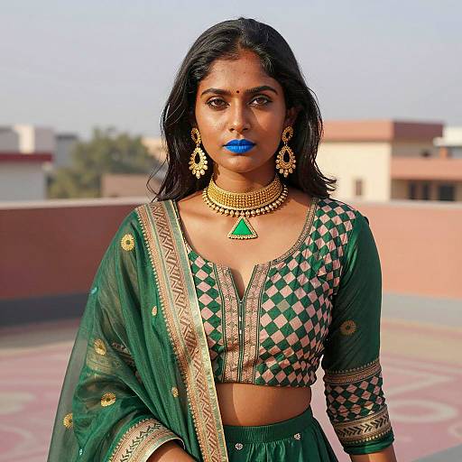 South Asian Woman in Traditional Green and Pink Outfit