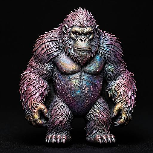 Digital art of a muscular, anthropomorphic gorilla with glowing, multicolored fur against a black background, standing confidently with arms slightly bent.