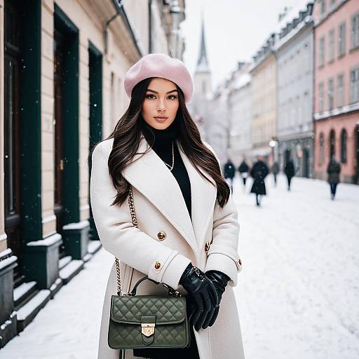 Elegant winter street fashion with pink beret