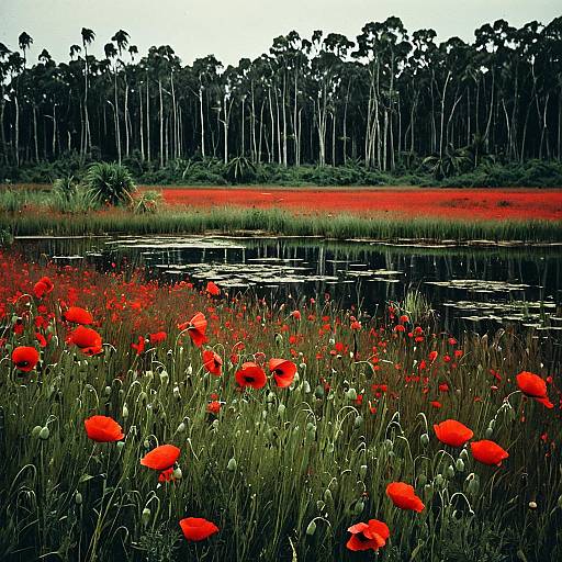 Impressionist Crimson Poppies on Wetlands