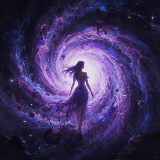 Digital art of a silhouetted woman with flowing hair standing in a swirling, purple and blue cosmic vortex with stars and planets.