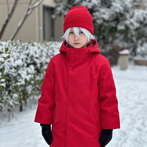 Photograph of a young person with white hair, wearing a bright red coat, matching beanie, black gloves, standing in a snowy garden. Background