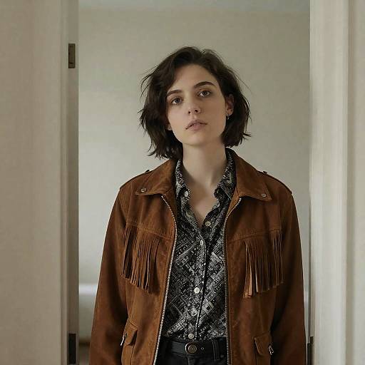 Young Woman in Brown Leather Jacket Standing in Doorway