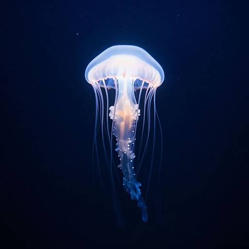 Photograph of a glowing, translucent blue jellyfish with long, trailing tentacles, illuminated against a dark blue underwater background.
