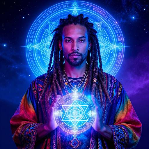 Neon Mystic Portrait with Geometric Medallion