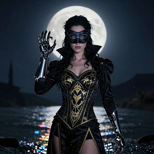 Photograph of a woman in a black, gold-embellished corset with robotic arm and hand, wearing a black masquerade mask,