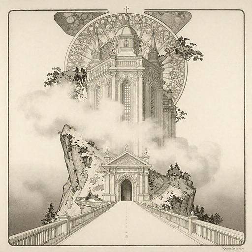 Monochromatic digital drawing of a towering, ornate church with a large circular stained-glass window, set on a rocky cliff with a pathway leading