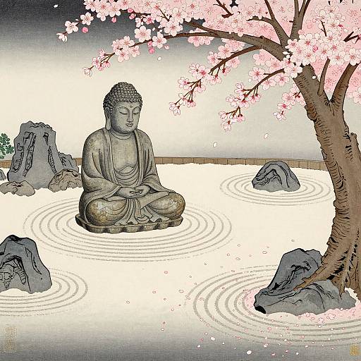 Digital illustration of a serene Buddha statue sitting in a calm pond under a blooming cherry blossom tree with ripples and rocks.