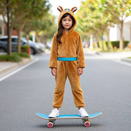 Photograph of a young girl with long brown hair wearing a brown fuzzy tiger onesie with blue belt, standing on a skateboard in the middle of a