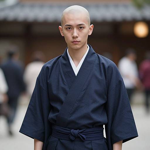 Photograph of a bald, young Asian man with a serious expression, wearing a black kimono-style robe, standing outdoors in a traditional Japanese setting.